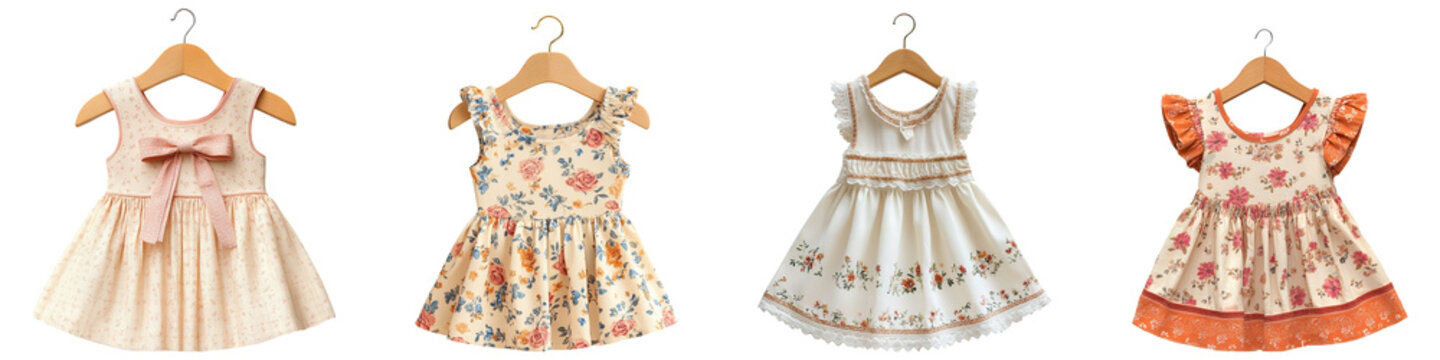 A collection of girls' frocks on wooden hangers isolated on a transparent background