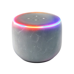 hyper realistic smart home assistant speaker glowing led ring, isolated pure white background subtle soft shadow clean studio texture background photo resource stock image design easy creative project