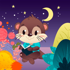 A cute cartoon otter is reading a book on the bank of a colorful river surrounded by bright plants and trees. The background shows a night sky with stars and moon. Vector illustration