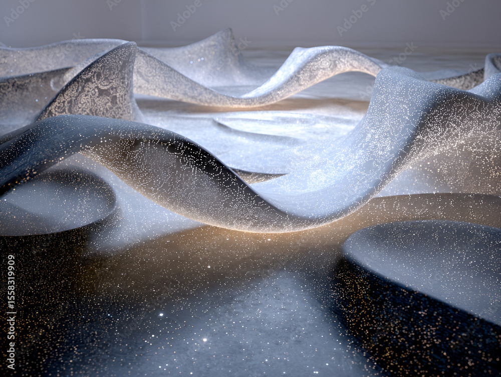 Poster abstract curving forms with glittering particle effect and soft lighting