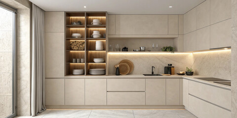 A Modern Beige Kitchen Niche Featuring an Open Shelf for Stylish Storage