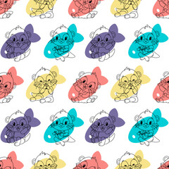 Seamless pattern of four cute otters in different playful poses on the background of four colorful fish: yellow, blue, red and purple. Each otter has a different facial expression and does different