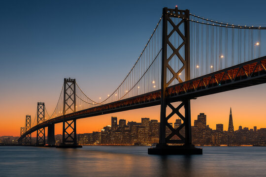 San francisco bay bridge and city skyline at sunset with orange sky