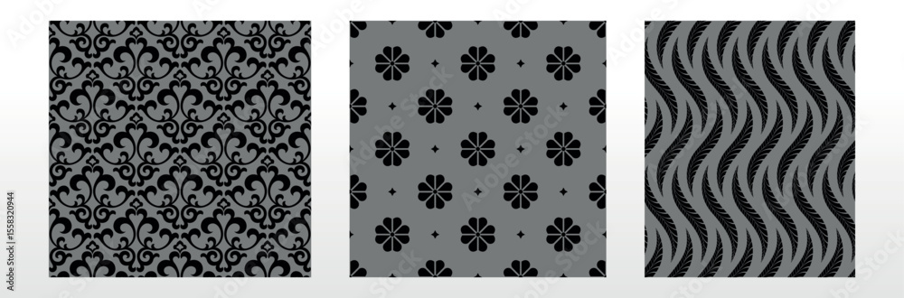 Aufkleber geometric floral set of seamless patterns. gray and black vector backgrounds. damask graphic ornamen