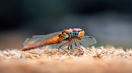Obraz premium Close-up of a colorful dragonfly resting on light brown wood chips