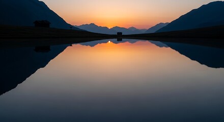 Obraz premium Sunrise reflecting on a calm mountain lake, showcasing mirrored peaks and valleys.