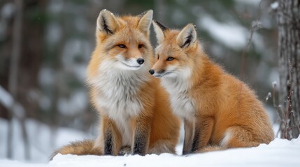 Red fox mother and cub sitting together in winter snow