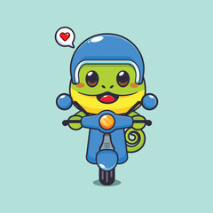 Cute chameleon mascot cartoon character illustration ride on scooter