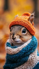 Naklejka premium This delightful image portrays a little squirrel wearing a colorful scarf and hat, embodying the essence of warmth and charm, showcasing the whimsical and cozy side of nature in winter.