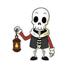 Mysterious skeleton holding a glowing lantern casting a warm light on a clean white background for spooky or fantasy themes