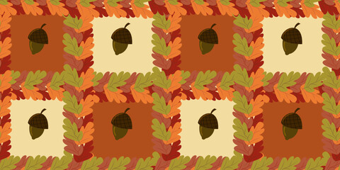 Seamless vector pattern of autumn acorns framed by oak leaves in repeating squares of orange and creme. Great for seasonal wrapping paper, textiles, backgrounds, and decorative prints.