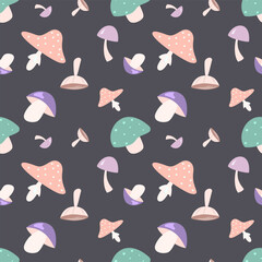 Seamless vector pattern of whimsical pastel mushrooms on a dark grey background. Ideal for neutral baby decor, nursery fabric, kids' products, and charming woodland-themed designs.