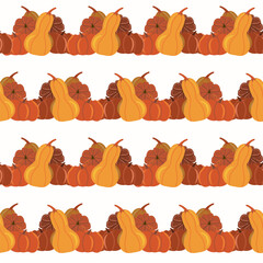 Seamless striped pattern of autumn pumpkins and gourds in fall colors on a white background. Ideal for seasonal banners, digital prints, harvest decorations, or Thanksgiving designs.