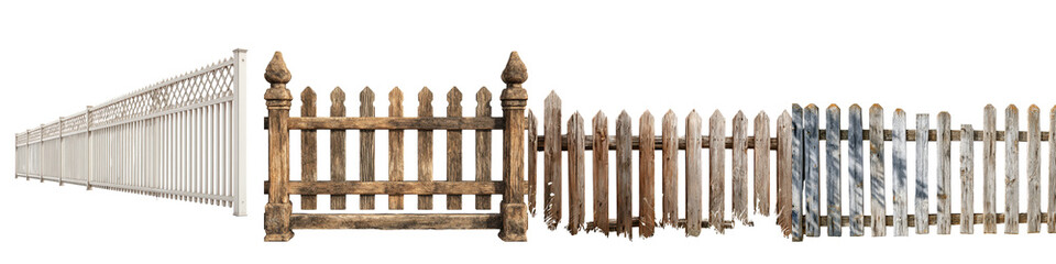 Naklejka premium Variety of Fences: Rustic to Modern Styles Isolated on White