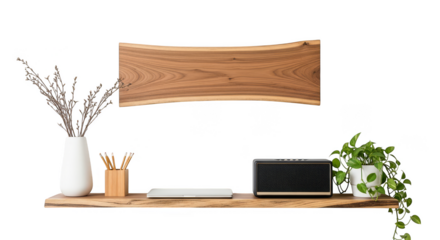 Modern Wooden Shelf Decor Laptop Plants Speaker