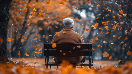 Back view of elderly person with cane on bench in park, autumn leaves falling, reflective moment 