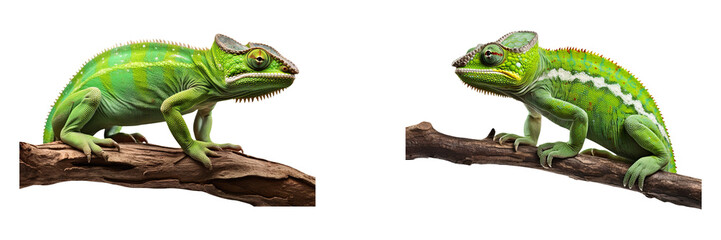 Fototapeta premium A collection of green chameleons on branches isolated on a transparent background
