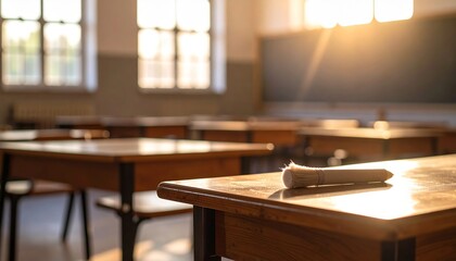 Fototapeta premium Sunlit Classroom with Desks and a Brush on the Table