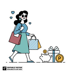 Obraz premium Happy shopping illustration woman with shopping bags fashion style sale discount retail therapy vector art
