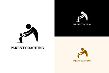 illustration of parent leaning down with arms extended toward a child, vector logo for family support, parent education, parenting, child development, parent coaching, and more