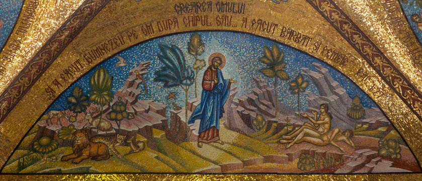 An icon painted on the wall representing the Creation of Man by God at the Metropolitan Church in Iasi city - Romania, the creation of the world