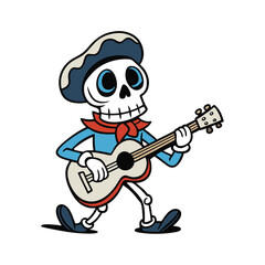 Skeleton musician playing a guitar with a vibrant color palette on a clean white background