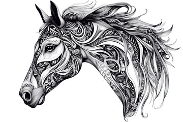 Intricate hand-drawn horse head illustration showcasing elegant line work and detailed patterns in a striking black design