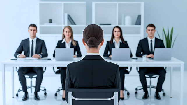 A female job applicant facing an interview panel of four professionals in a modern corporate Office. job interview, female applicant, interview panel, hiring process, recruitment, formal interview
 - Powered by Adobe