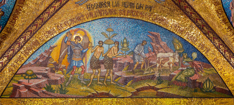 The icon painted on the wall representing the Expulsion of Adam from Paradise at the Metropolitan Church in Iasi city - Romania