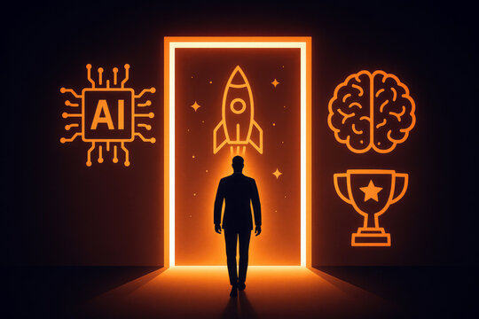 Silhouette man walks through glowing portal toward rocket ship surrounded by AI chip brain and trophy icons