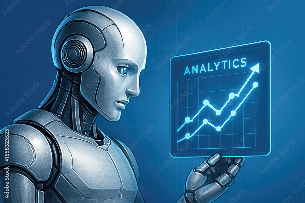 Poster silver robot analyzing upward trending graph on digital screen android artificial intelligence