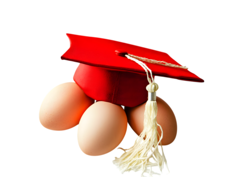 Red graduation cap resting on three eggs isolated on transparent background - Powered by Adobe