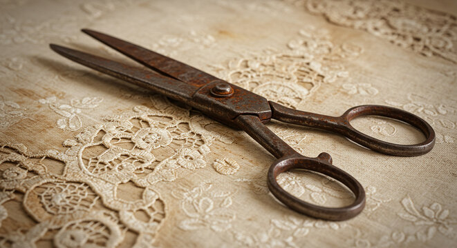 Vintage scissors resting on lace fabric background  