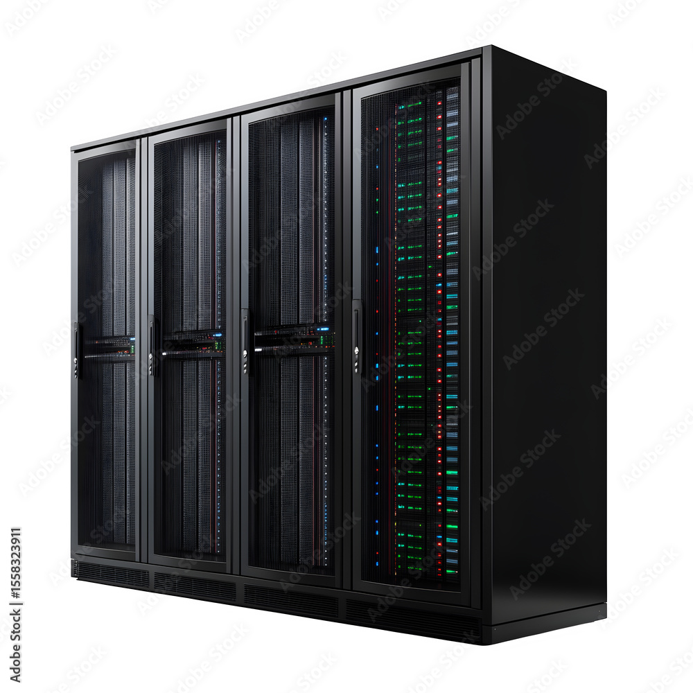 Fototapete hyper realistic side profile data center server rack isolated, pure white background subtle soft sha