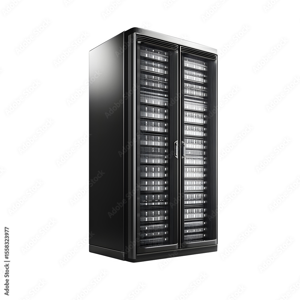 Fototapete hyper realistic side profile data center server rack isolated, pure white background subtle soft shadow clean studio lighting creative project use simple art asset download digital graphic wallpaper m