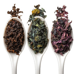 Fototapeta premium Three white spoons, each holding a different type of dried tea leaves