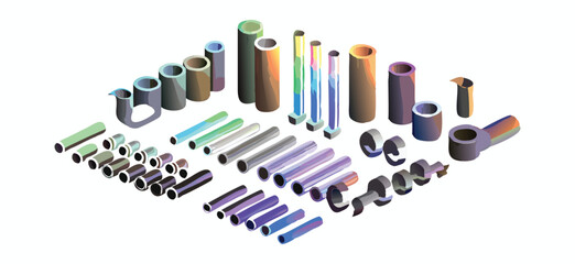 Vector art of a collection of colorful pipes and tubes in various shapes and sizes, isolated on white background.