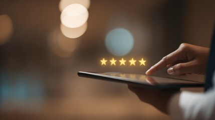 Customer satisfaction concept: user gives a five-star rating for an excellent service experience on a digital tablet