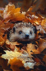 Fototapeta premium A stunning artistic representation of a hedgehog peering out from a cozy nest of fall leaves, encapsulating the blend of wildlife and artistry in a beautiful autumn scene.