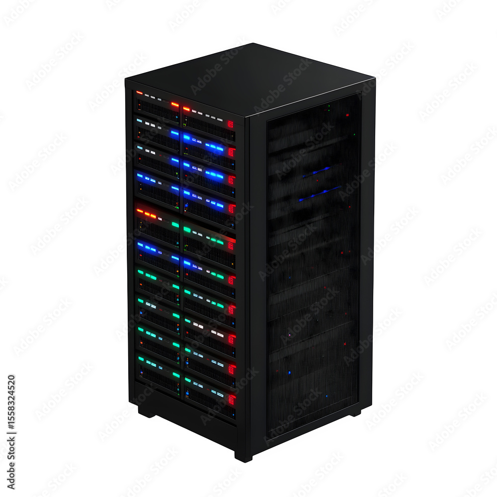 Poster hyper realistic isometric server rack matte black led indicators, isolated pure white background sub