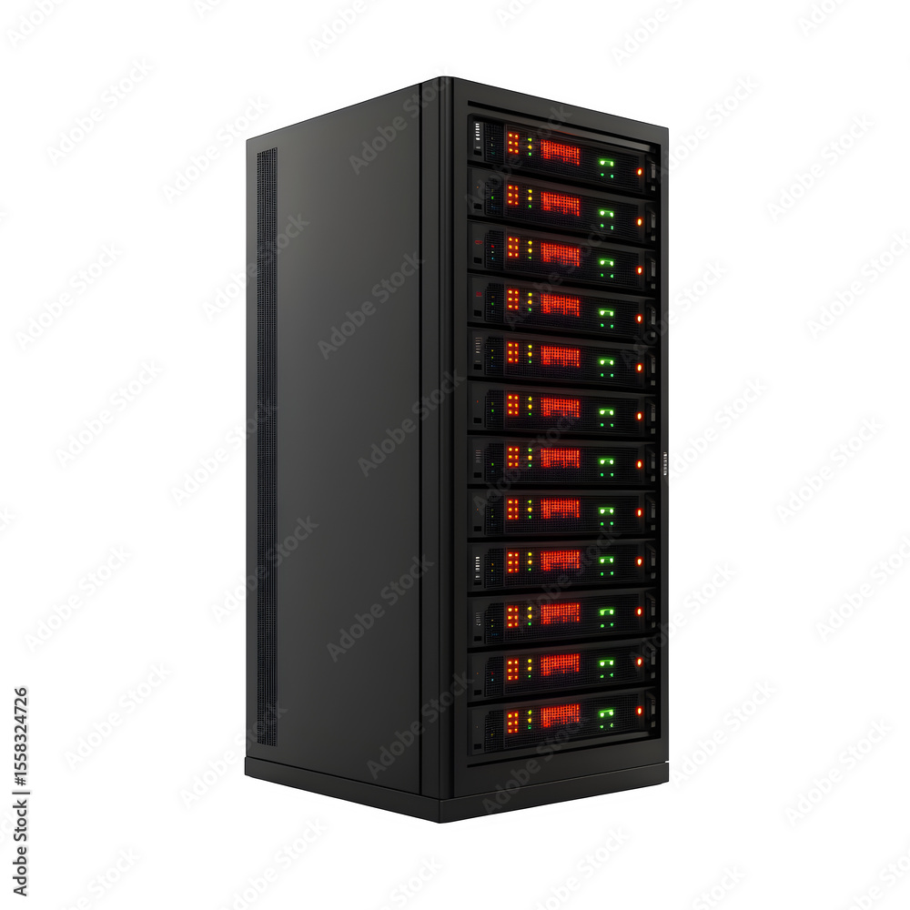 Poster hyper realistic isometric server rack matte black led indicators, isolated pure white background sub