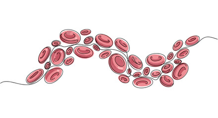 Red blood cells – one line doodle drawing with watercolor fill, minimalistic vector illustration on white background