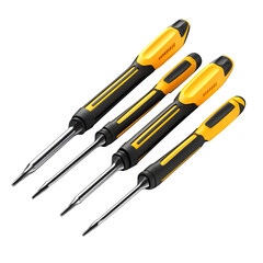 Fototapeta premium hyper realistic set screwdrivers yellow black handles isolated pure, white background subtle soft shadow clean studio lighting ultra asset download digital graphic wallpaper mockup element texture bac