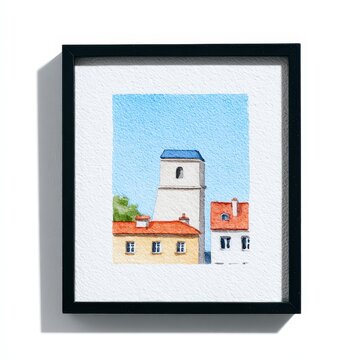 Framed painting of Paris rooftops in pastel watercolor tones, romantic style