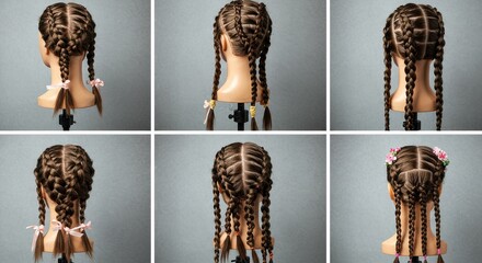 Demonstration of various braided hairstyles on a mannequin head