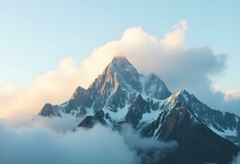 Naklejka premium Snow-Capped Mountain Peak Emerging Through Foggy Clouds at Sunrise