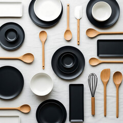 A set of black and white plates bowls and wooden spoons are arranged in a geometric pattern on a light background