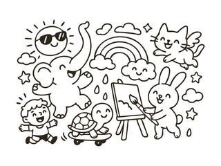 Cute Cartoon Animal and Kids Illustration in Black and White Line Art