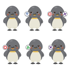 Naklejka premium ○×△の札を持ったペンギンのキャラクターイラストセット