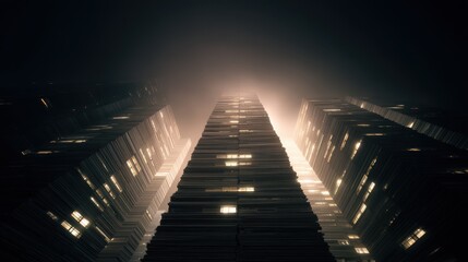 Dramatic low-angle view of a towering skyscraper vanishing into fog at night